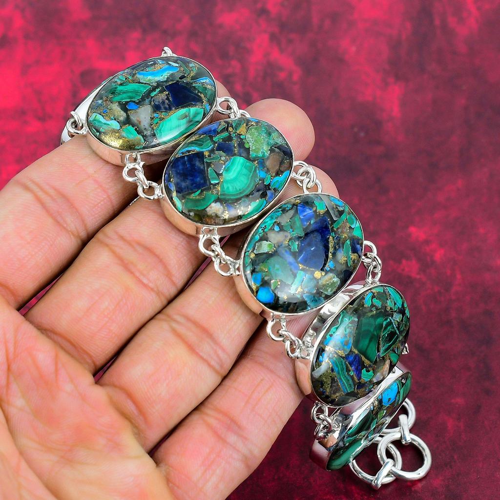 Kobber Malakitt Azuritt Armbånd, Azuritt Smykker 925 Massivt Sterlingsølv Naturlig Armbånd, Håndlagde Designer Edelstenssmykker, Gave Til Henne