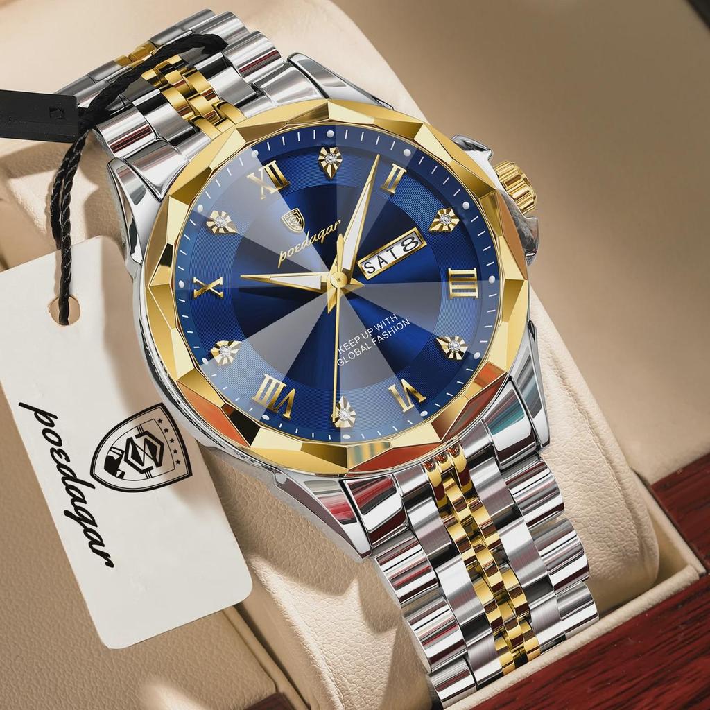 POEDAGAR Luxury Fashion Man Clock Top Business Waterproof Luminous Date Week Men's Watches Quartz Stainless Steel Wristwatch