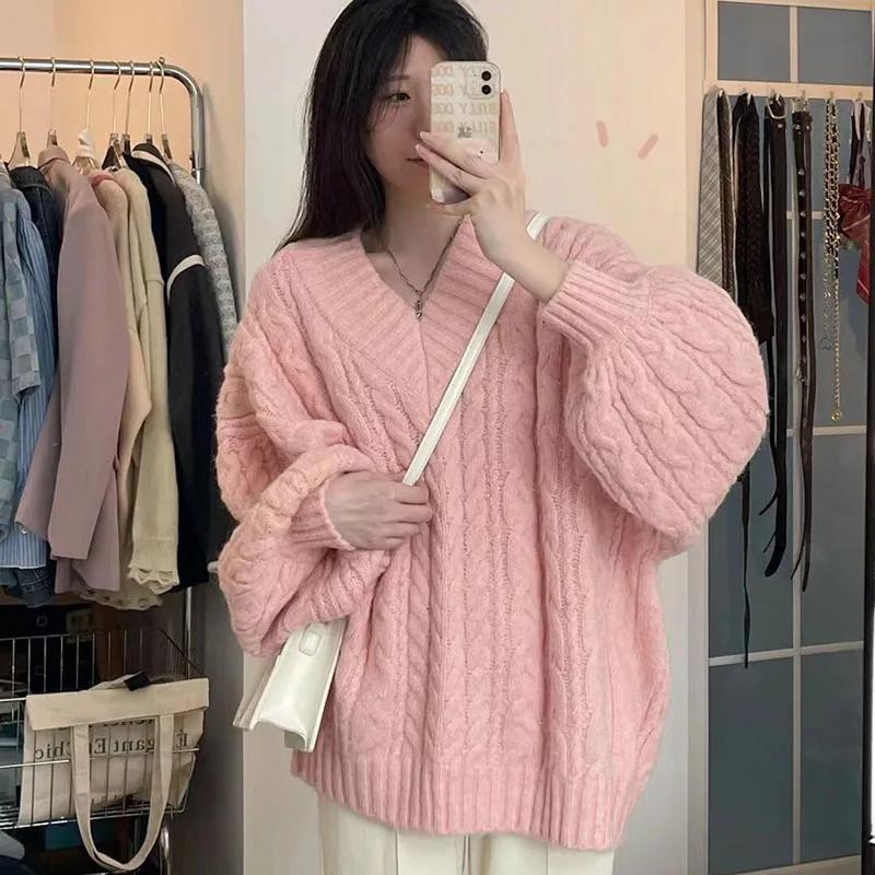 

Осінь-зима Жіночий светр Harajuku Оверсайз В’язані пуловери Корейський довгий рукав V-подібним вирізом Вільний трикотаж Однотонний вільний светр XL рожевий