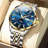 OLEVS Men's Diamond Watch Business Dress Watch Waterproof Luminous Golden Big Dial Quartz Analog with Date Calendar and Stainless Steel Band