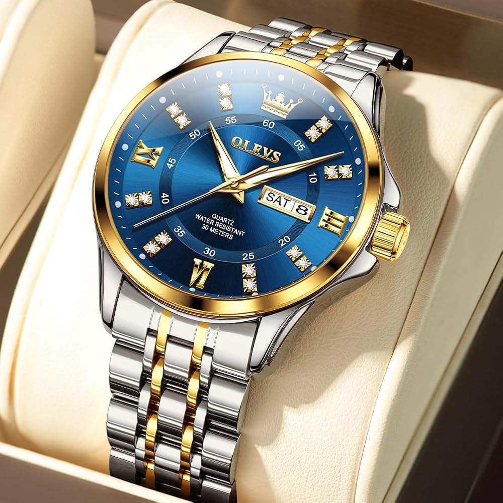 OLEVS Men's Diamond Watch Business Dress Watch Waterproof Luminous Golden Big Dial Quartz Analog with Date Calendar and Stainless Steel Band