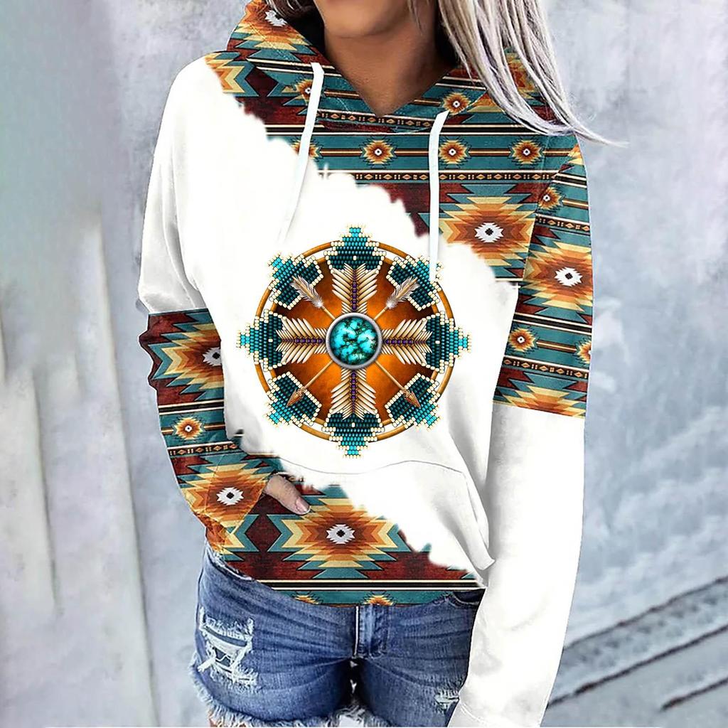 Lässiges, langärmliges Pullover-Oberteil mit Kordelzug für Damen mit geometrischem Pferdemuster, Kapuzen-Sweatshirt im Ethno-Stil