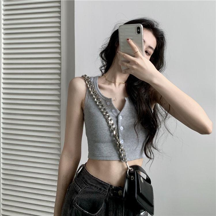 Solid Women's Vest Button Sexy Tops Sleeveless Black White Fashion Lady Tees