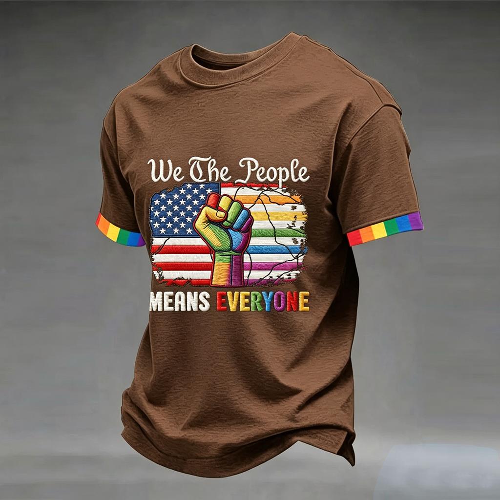 Short Sleeve Crew Neck T Shirt with Graphic Print United States Flag Raised Fist Lettering Design Casual Fit Unisex Top