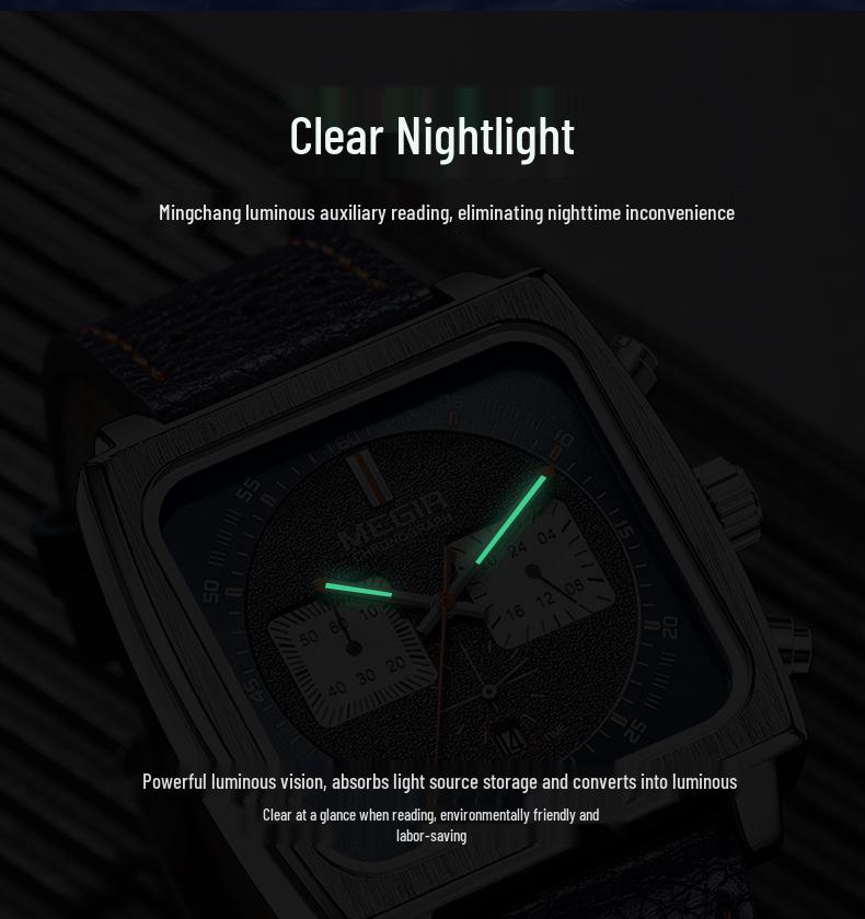 MEGIR Men's Leather Square Chronograph Quartz Watch