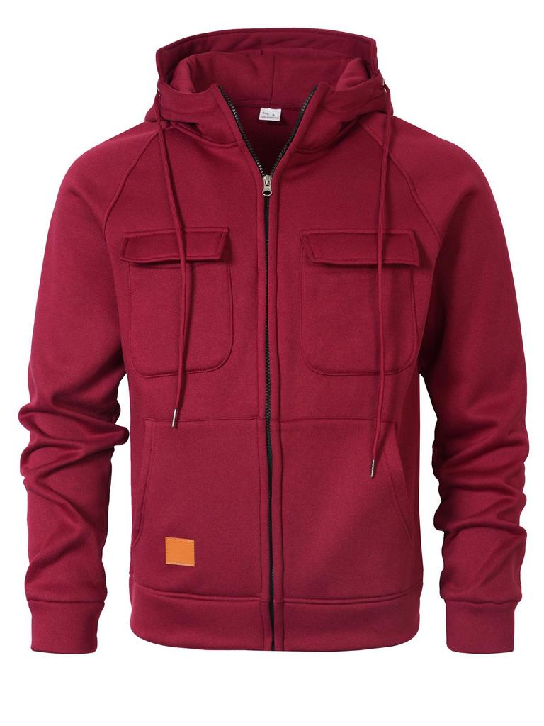 Men's Multi-Pocket Zip-Up Hooded Cardigan: European/American Style, Loose Fit, Stand Collar, Perfect for Spring, Autumn, Winter.