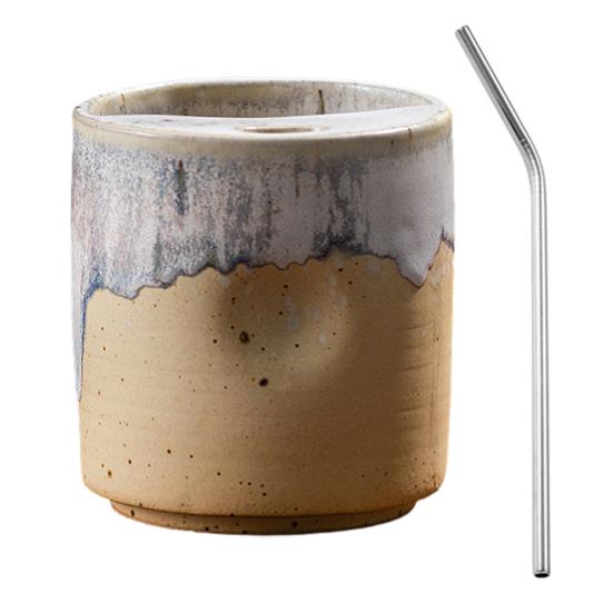 

Vintage Ceramic Coffee Mug with Straw, Retro Hand-Painted Striped Straight Cylinder Cup, Coarse Stoneware for Hot Cold Drinks Size#M бежевий