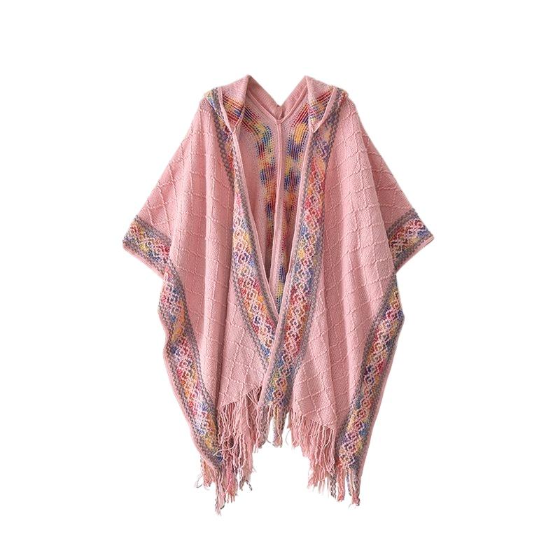 Ethnic Style Cape Hooded Wine Red Shawl Women Wearing Tassel Knitting Yunnan Xinjiang Xizang Tourist Cloak Cloak