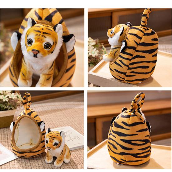 Simulated Tiger Plush Toy with Portable Bed Soft Fluffy PP Cotton Stuffed Giraffe Leopard Lion Animal Plushie Doll Home Decoration Kids Birthday Gift