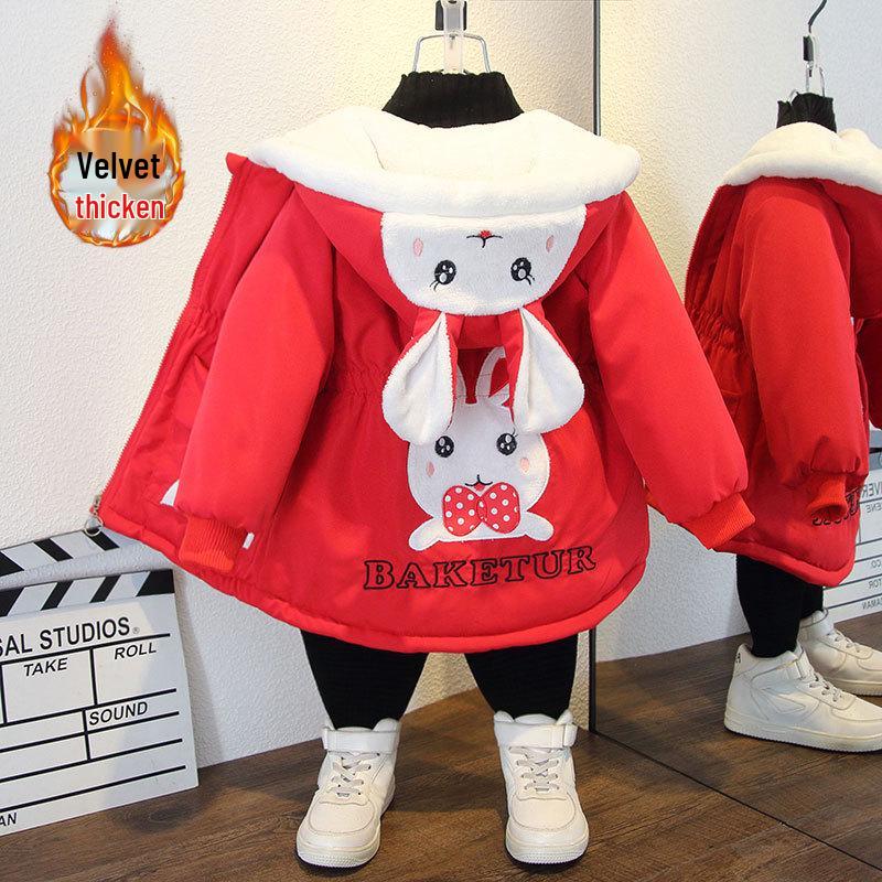 

2025 Girls Fleece-Lined Parka: Trendy Autumn/Winter Cotton-Padded Jacket Size 90