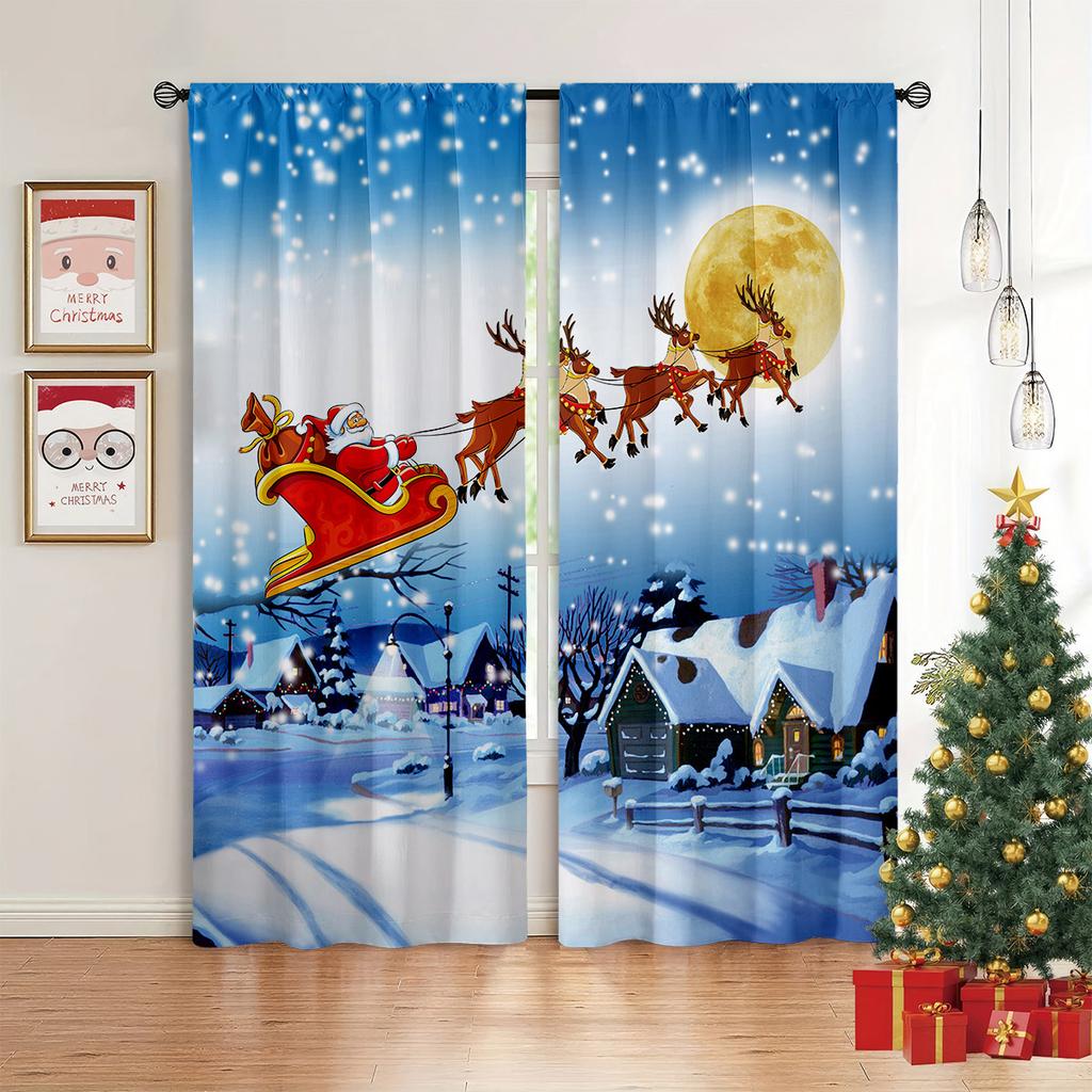 Christmas Bells Green Curtains Golden Red Snowflakes Christmas Elements Bedroom Living Room Kitchen Holiday Curtains 2 Pcs