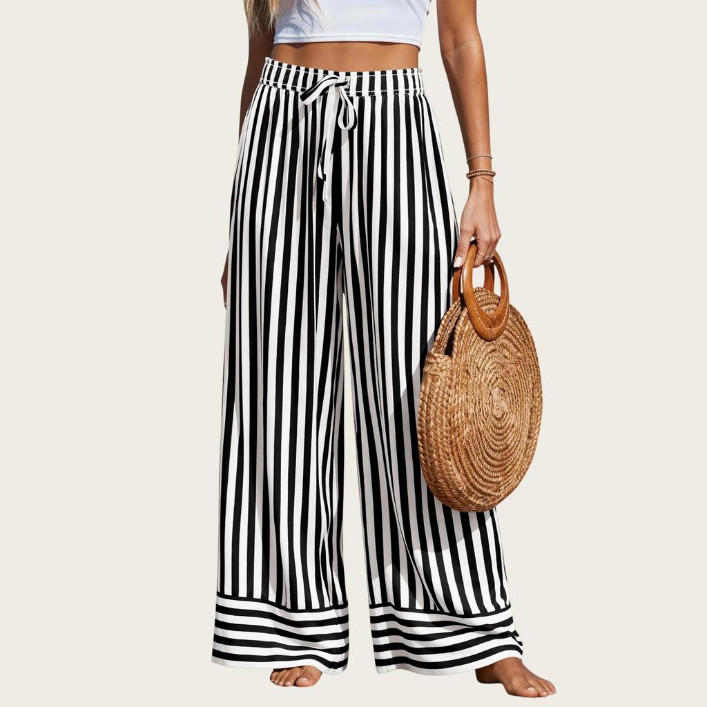 Pantaloni Larghi Estivi a Righe da Donna Vita Elastica Pantaloni Casual con Tasche Leggeri Vestibilità Larga Pantaloni da Spiaggia