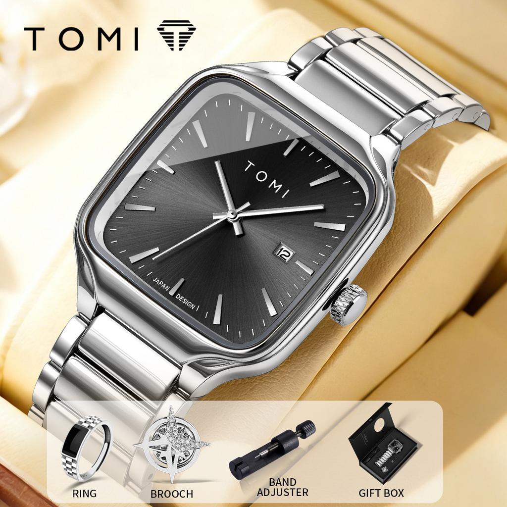Men Square Quartz Watch Stainless Steel Strap Classic Fashion Wristwatch Gift Set