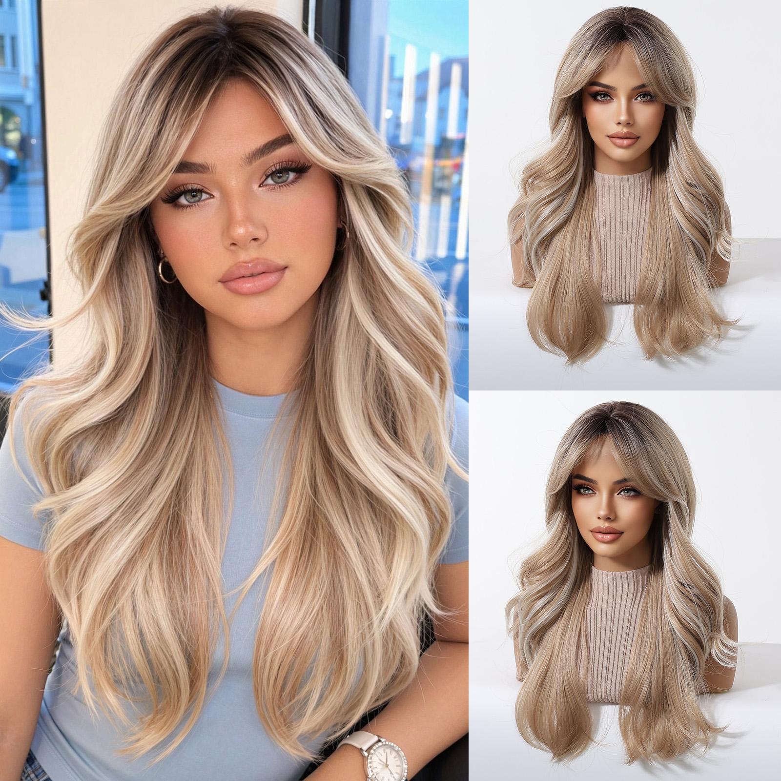 Platina 613 Blond Pruik Lang Golvend Synthetisch Pruik met Pony Krullend Gemengd Goud voor Vrouwen Cosplay Feest Dagelijks Gebruik Hittebestendig 1pc beige