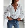 2026 New V Neck Long Sleeve Hollow Out Lace Shirt Fashion Women Office Lady Stand Collar Ruffle Blouse New Loose Elegant Sweet Solid Color Top