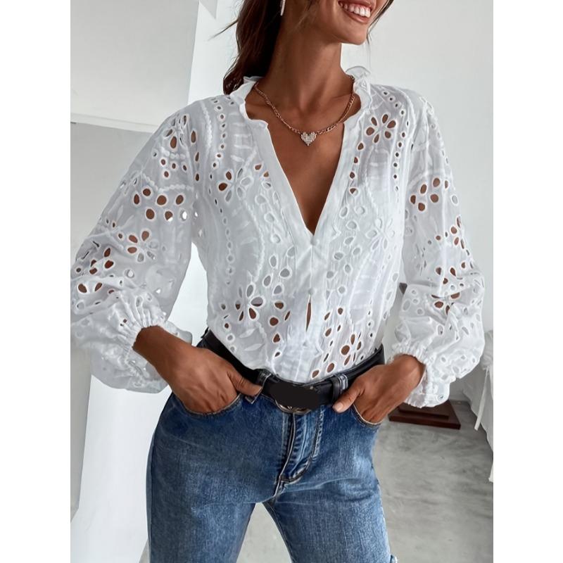 2026 New V Neck Long Sleeve Hollow Out Lace Shirt Fashion Women Office Lady Stand Collar Ruffle Blouse New Loose Elegant Sweet Solid Color Top