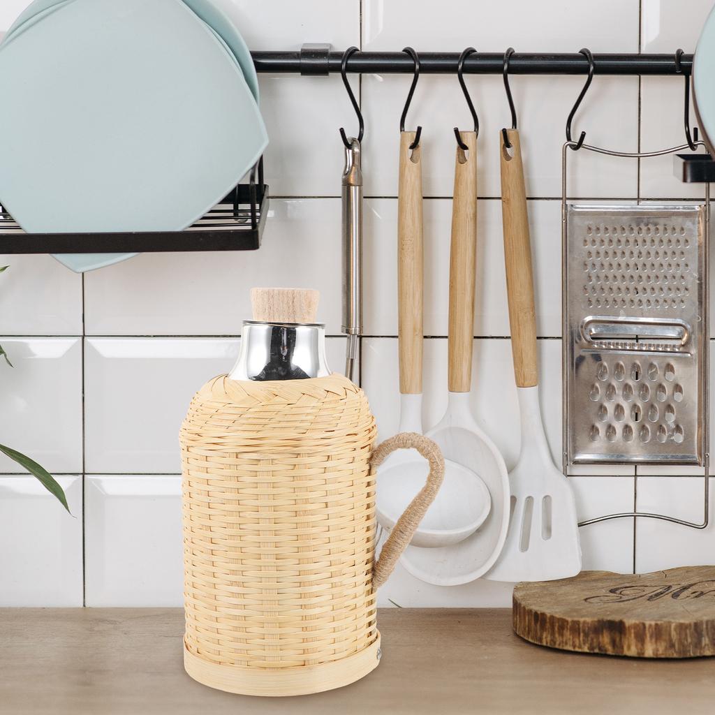 1pcs Bamboo Woven Cover Glass Kettle Retro Thermal Bottle Heat Preserving Water Dispenser For Home Office Use Hand-Made