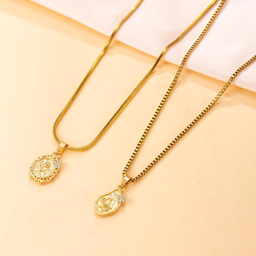 Women's Multi-layer Stainless Steel Clavicle Necklace with Oval Flower Pendant
