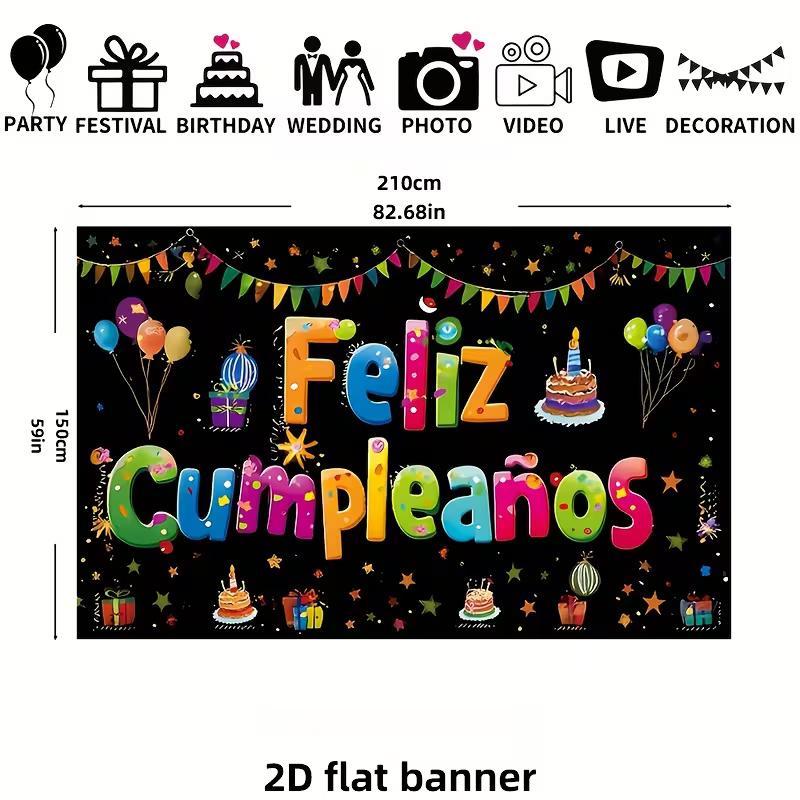 2D Feliz Cumpleaños Birthday Banner Backdrop Kids Colorful Fiesta Party Decor Background