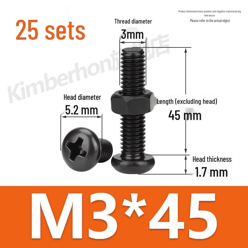Complete Set of Black 304 Stainless Steel Phillips Round Head Screws and Nuts - M2M3M4M5M6MM.