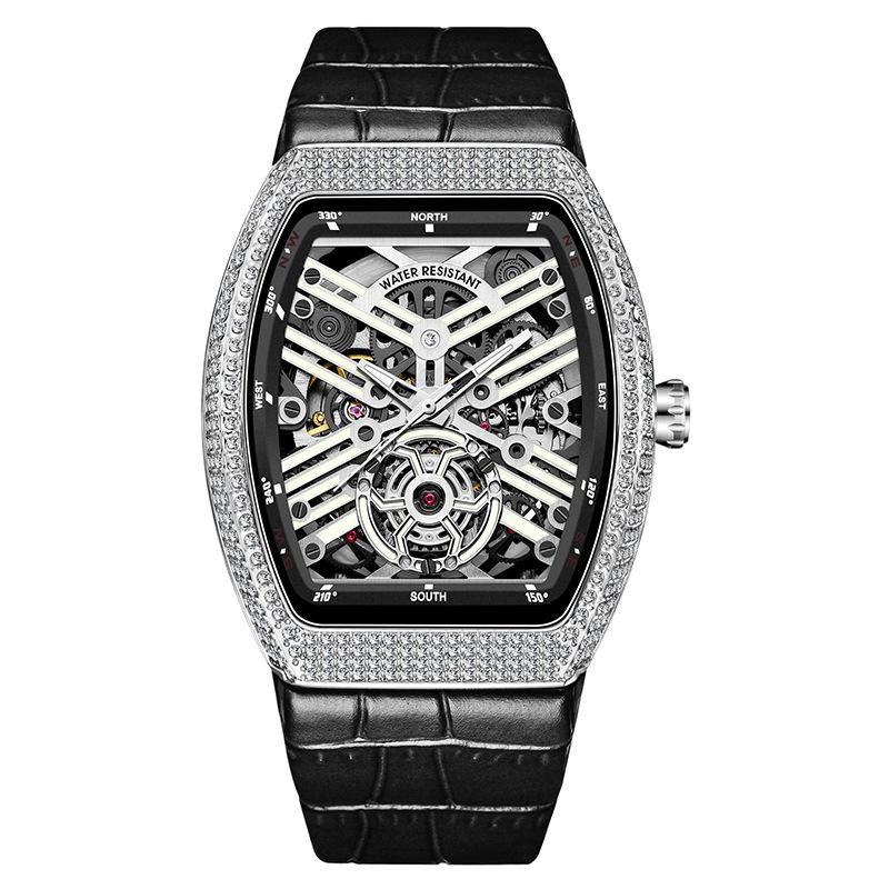 Reloj de Barril con Diamantes Completos Reloj Mecánico Totalmente Automático Reloj para Hombre Incrustado con Diamantes Luminoso Reloj Frank