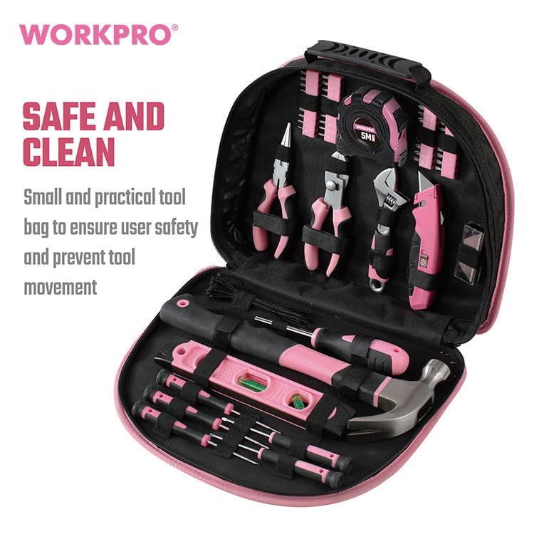 WORKPRO Home Tool Set WP206818 DIY Starter Kit with all the tools you need for basic repair and maintenance 103-Piece (Pink) - - tasks.