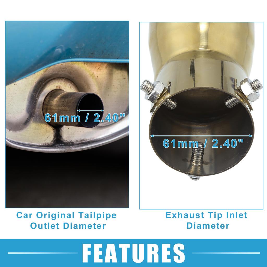 ABSOPRO Auto Zakřivená koncovka výfuku 61mm 69x61mm 190mm Tlumič Nerezová zlatavá Tvar srdce Koncovka, Vstup, Výstup, Délka, Šroubovací koncovka, Ocel,