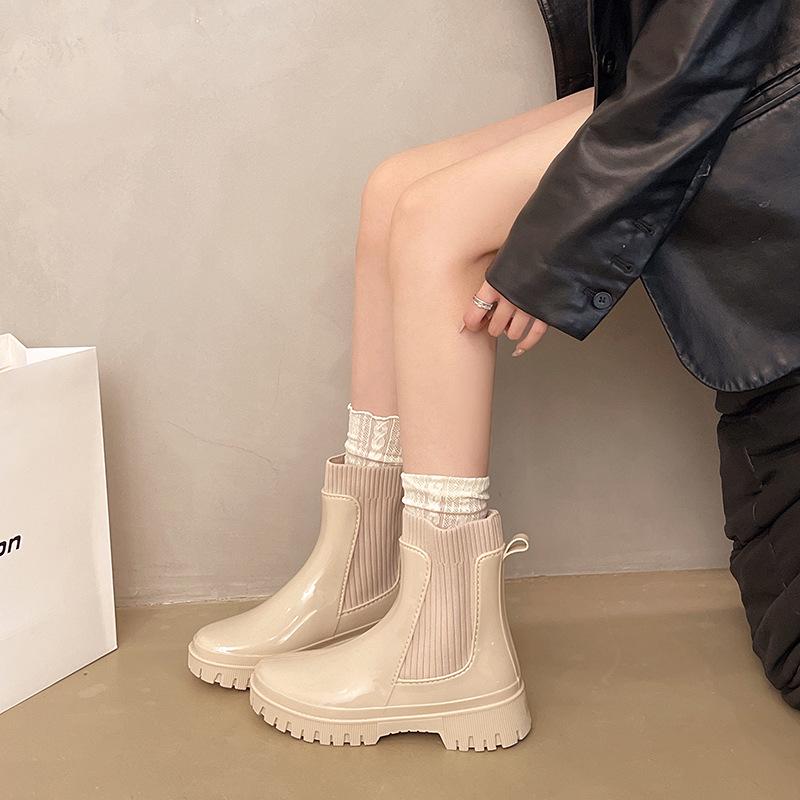 2025 Women's Fashion Elastic Band Waterproof Rain Boots - Thick Sole, Solid Color, Non-Slip & Versatile Casual Galoshes