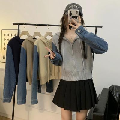 Strickjacke Pullover Weibliche Herbst/Winter 2023 Casual Design Fühlen Sich Mit Kapuze Panel Denim Langarm Kurzarm Pullover Strickjacke Mantel frauen