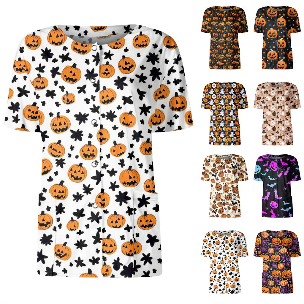 Women's Short Sleeved Patterned Pockets, Work Print Stand Up Collar, Single Breasted Protective Clothing, Cardigan Jacket, Top