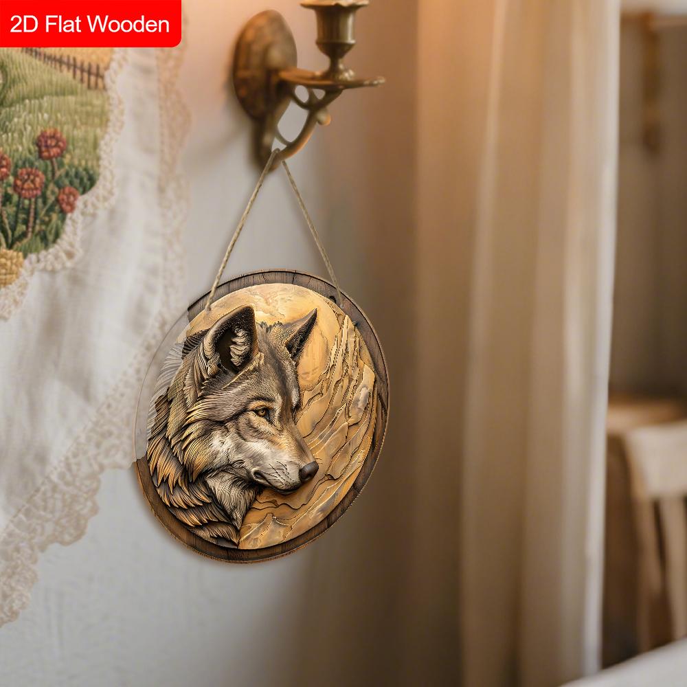 Unik träskylt med vargmönster - Rustik rund skylt för ytterdörr, vägghängande dekor - Idealisk present till vän & familj