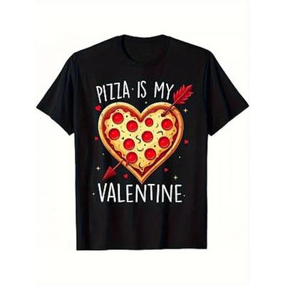 Pizza Is My Valentine's Day Pattern Women's and Children's T-shirt a Black Casual Cotton T-shirt with a Heart-shaped Pizza
