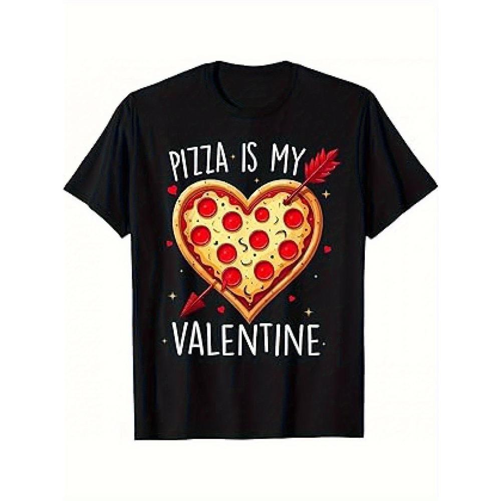

Pizza is my Valentine s Day pattern women s and children s T-shirt a black casual cotton T-shirt with a heart-shaped pizza 3XL