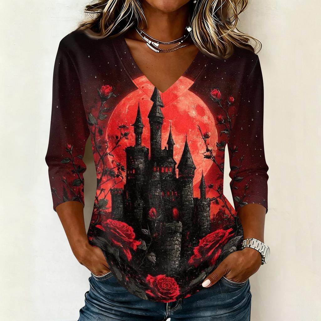 Womens Halloween Graphic V Neck T Shirt Casual 3/4 Sleeve Top Autumn Seasonal Print Loose Fit Pullover