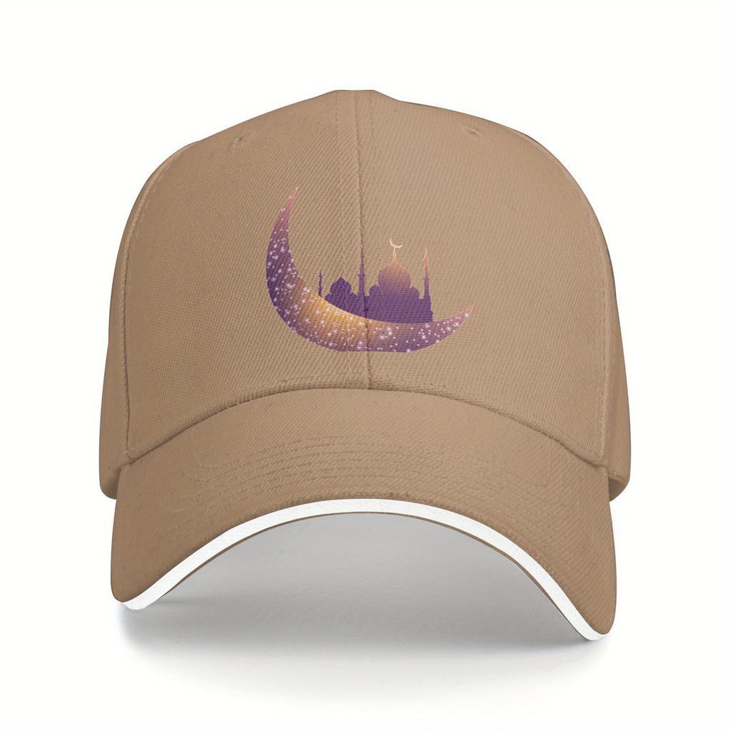 Islamic Crescent Moon Mosque Silhouette Baseball Cap Adjustable Polyester Casual Muslim Hat for Men and Women