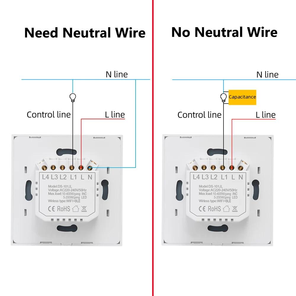 Smarter Schalter EU WiFi Smartlife Neutralleiter/Kein Neutralleiter Touch Lichtschalter 220V Funktioniert mit Alexa Google Home 1/2/3/4-fach