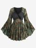 Rosegal Plus Size Flare Sleeve Rose Flower Flocking Lace Up Surplice Lace-trim Top