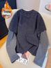 Women's Brushed Stripe Two-in-One Long-Sleeve T-Shirt: Thick, Warm, Versatile Base Layer for Autumn/Winter Fashion