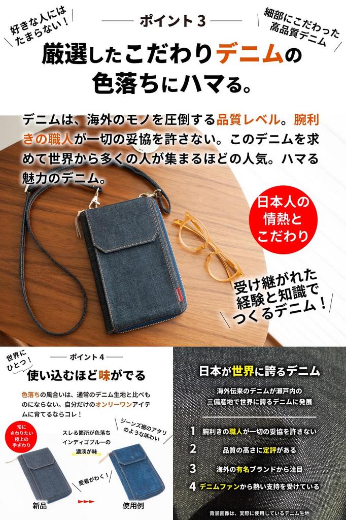 Besoin Réseau Smartphone Portefeuille Épaule Fabriqué avec Smartphone Japonais Bleu Indigo Pochette, Sac, Denim, Pochette Femme,