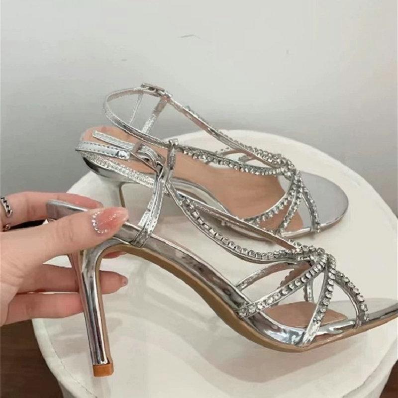 Fashion French Rhinestone High Heels For Women Slender Heels With Exposed Toes Sexy Fairy Style One-Shoulder Silver Thin Strap Sandals