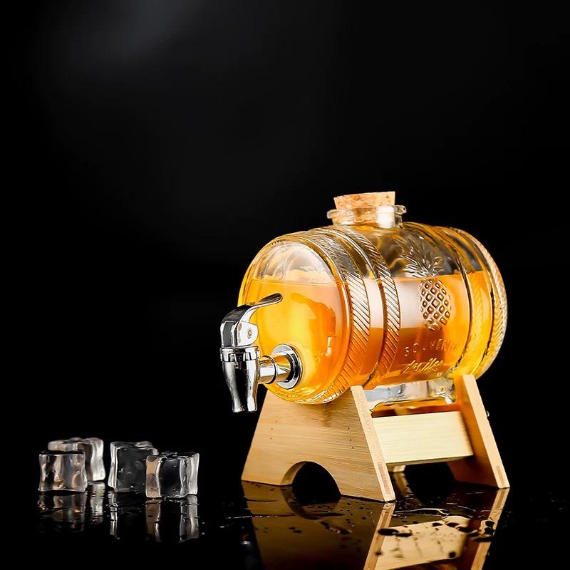 Barrel Whiskey Decanter Set, Full Set with 2 Whiskey Glasses, Custom Decanter Stand, Stainless Steel Dispenser