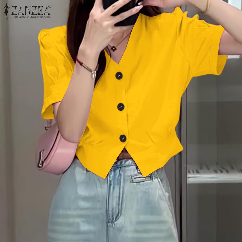ZANZEA Women Casual V-Neck Solid Color Summer Short Sleeve Blouse