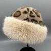 Warm Cap Leopard Print Plush Mongolian Hat Mink Fur Brimless Plush  Bucket Hat  Outdoor
