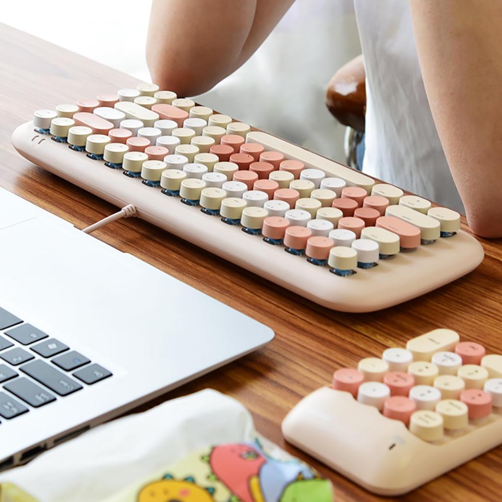 Cute, Portable, 84-key Wired Keyboard for Women with Colorful Round Keycaps, Typewriter-style English Layout, and Pink Switches (Milk Tea).