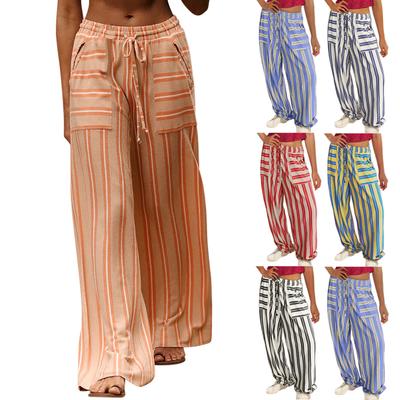 Gestreifte Hose für Damen mit weitem Bein, lockerer Passform, Kordelzug, bequemer hoher Taille, gestreifte Hose mit Taschen