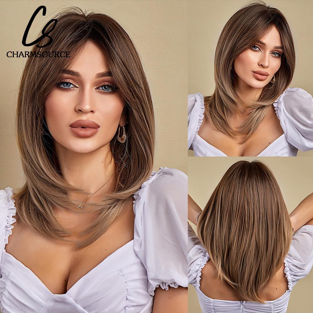 Natural Wavy Blonde Synthetic Wigs Medium Length Layered Hair with Side Bangs for Women Daily Party Cosplay Heat Resistant Fiber
