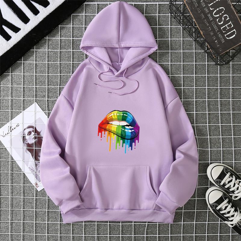 2025 Fashion Women's Colorful Lips Print Hoodie, Women's Outdoor Street Hooded Pocket Hoodie, Women's Sweatshirt Women's Clothes