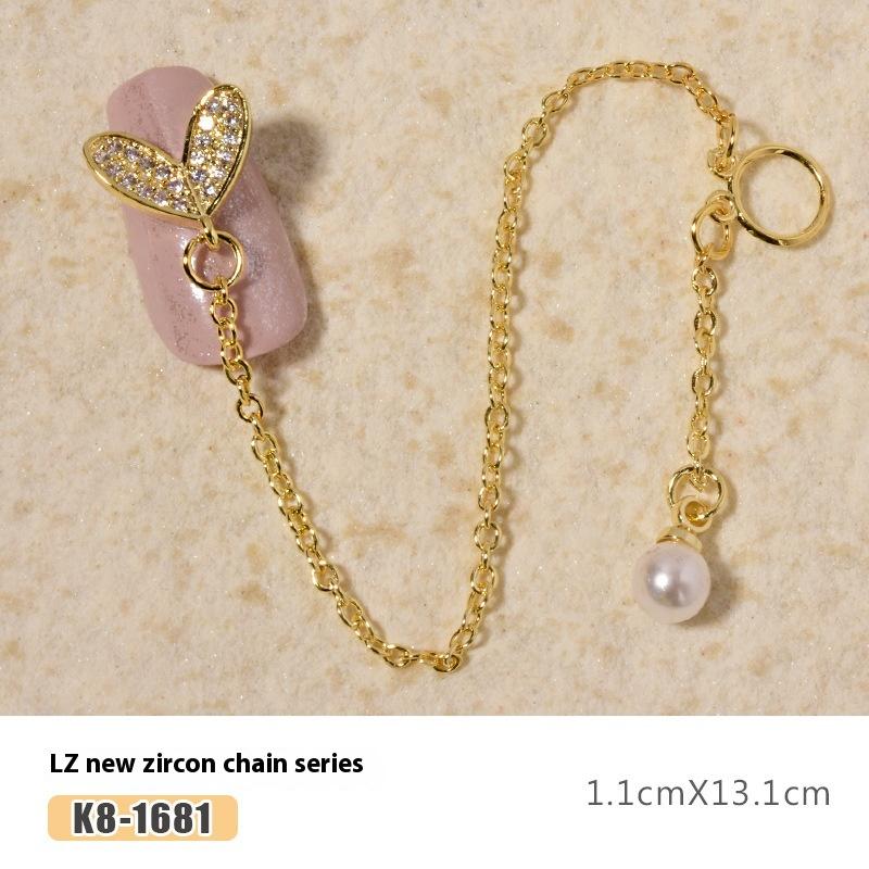 Nail Art Zircon Plated Real Gold Chain Jewelry Pearl Pendant Gold Bow Zircon Chain