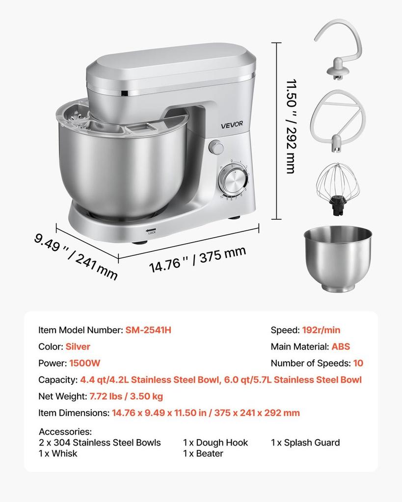 Stand Mixer, 4.2 L+5.7 L Electric Kitchen Mixer, 1500W Dough-Mixer, 10 Speeds Tilt-head Food-Mixer with Stainless Steel Bowls, Dough Hook, Whisk,