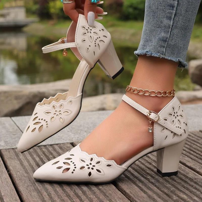 Mode Schuhe für Damen 2024 Mode Ein-Wort Schnalle Damen Pumps Herbst Spitzschuh Einfarbig Hohl Atmungsaktiv Beruf Elegant Pumps